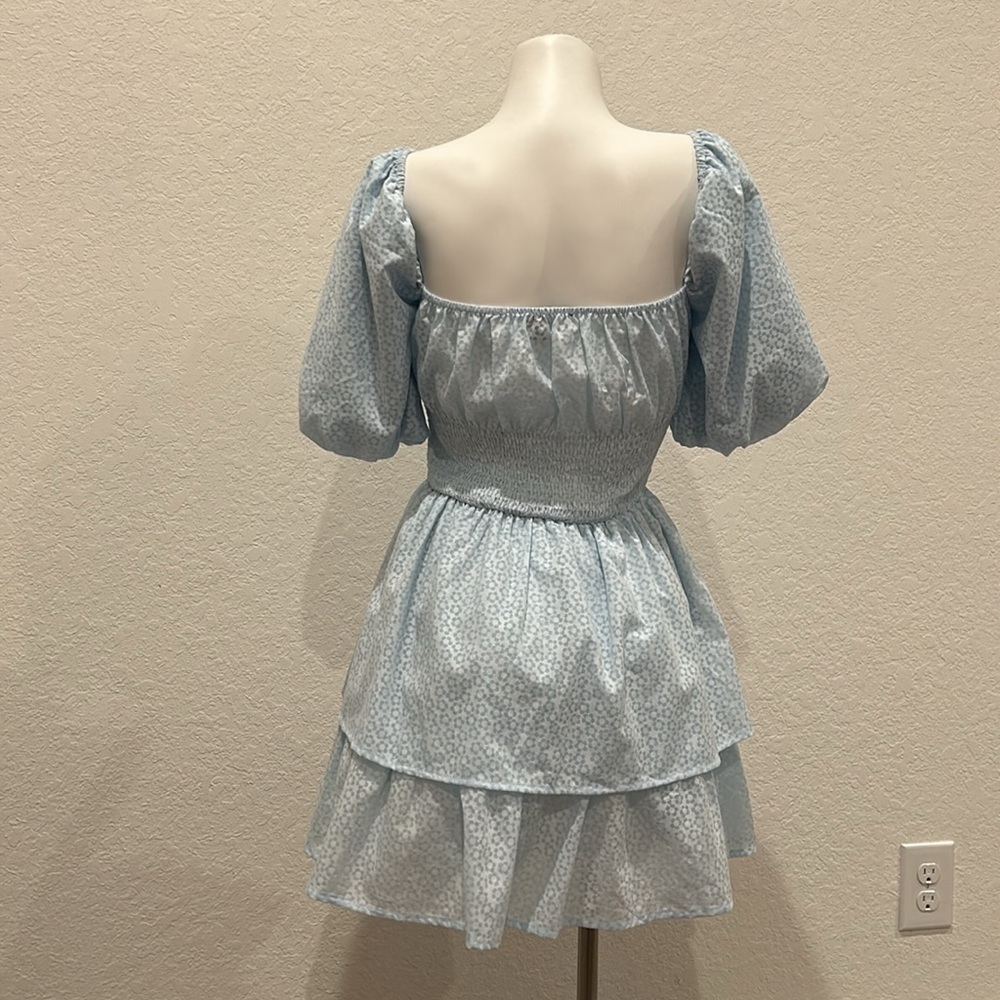 Lulus Tiers To Me Light Blue Puff Sleeve Tiered Skater Mini Dress - Picture 6 of 7